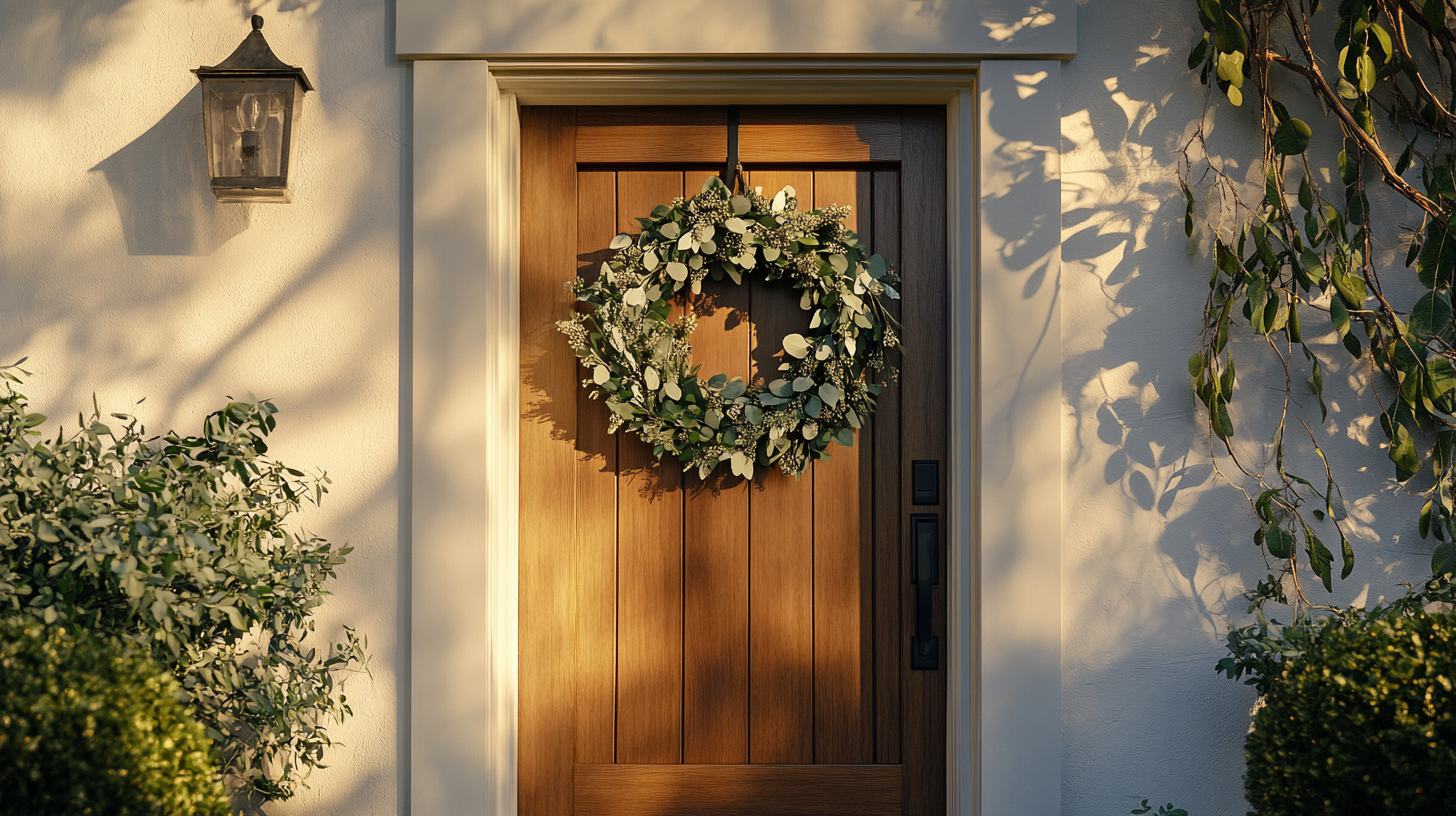 Beautiful wreath on modern door